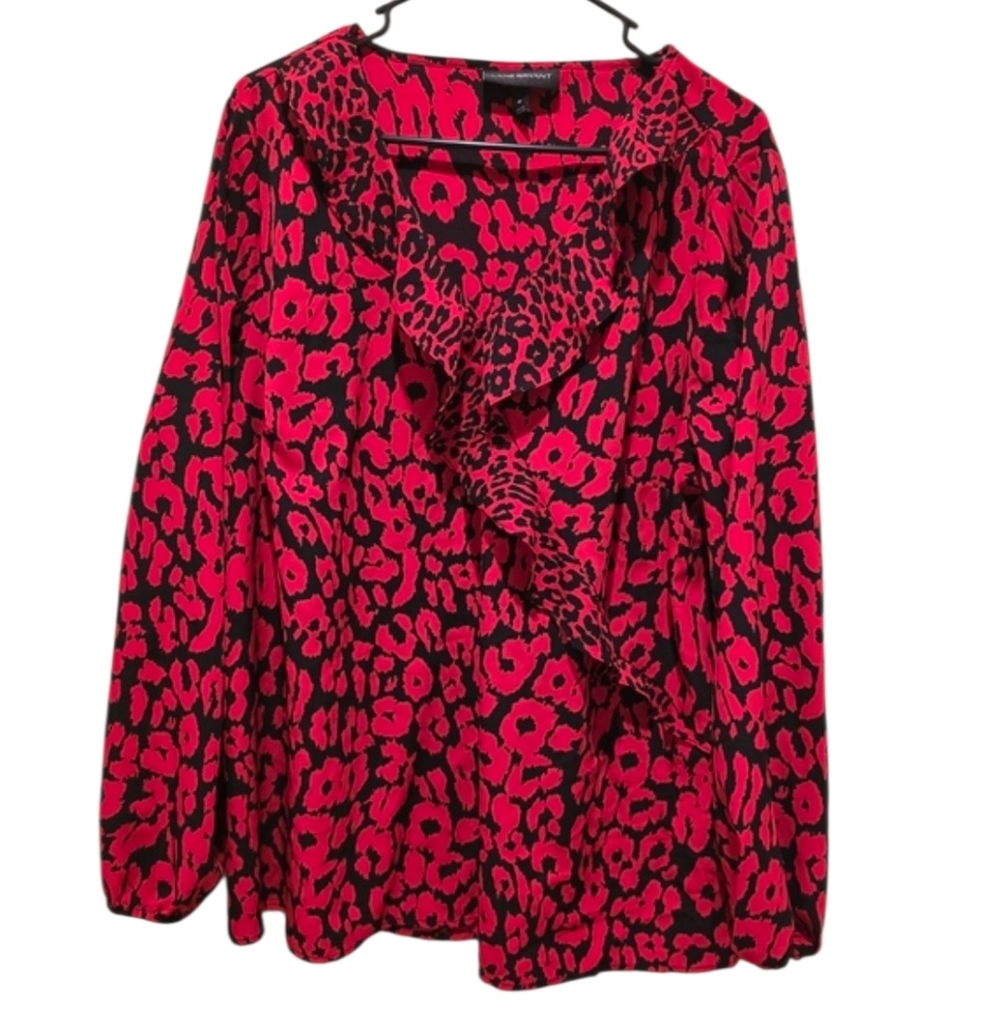 Lane Bryant Red and Black Animal Print Blouse With Ruffle Detail Size 18
